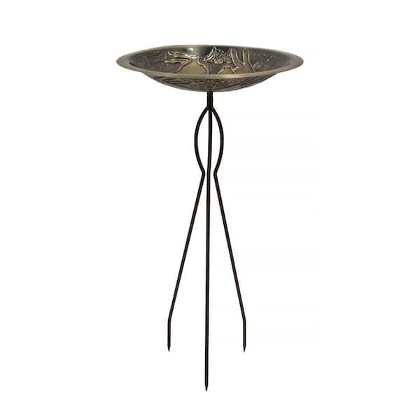 18 in. Dia Round Antique Finished Brass 3 Hares Birdbath with Roman Bronze Wrought Iron Tripod Stake