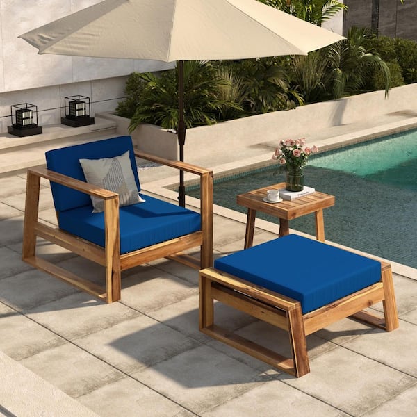 3 Pcs Acacia Wood Outdoor Lounge Chair Set with Blue Cushions, Suitable for Patio, Yards and Garden