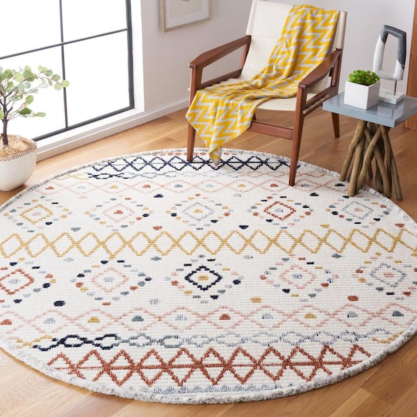 Marrakesh Ivory/Multi 7 ft. x 7 ft. Round Geometric Striped Area Rug