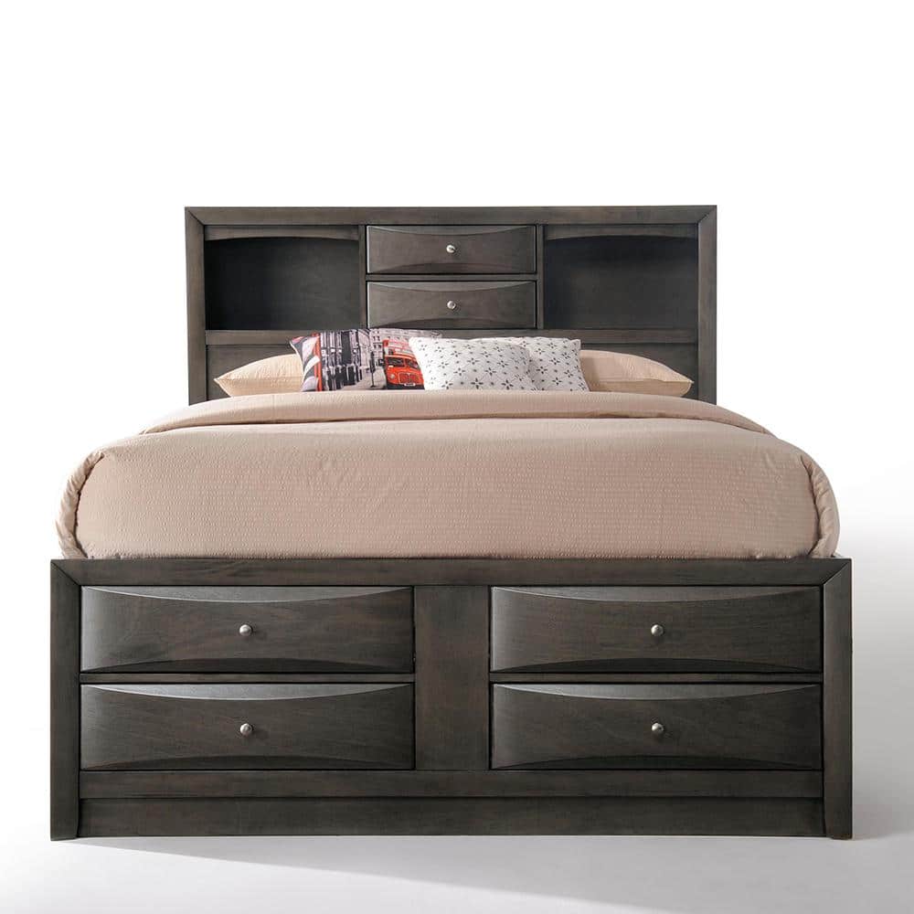 Gray Oak Full Double Captain's Bed with Bookcase and Storage
