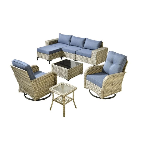 Verano 8-Piece Wicker Patio Conversation Sofa Seating Swivel Rocking Chairs Set with Ottoman and Denim Blue Cushions