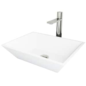 Matte Stone Vinca Composite Rectangular Vessel Bathroom Sink in White with Faucet and Pop-Up Drain in Brushed Nickel