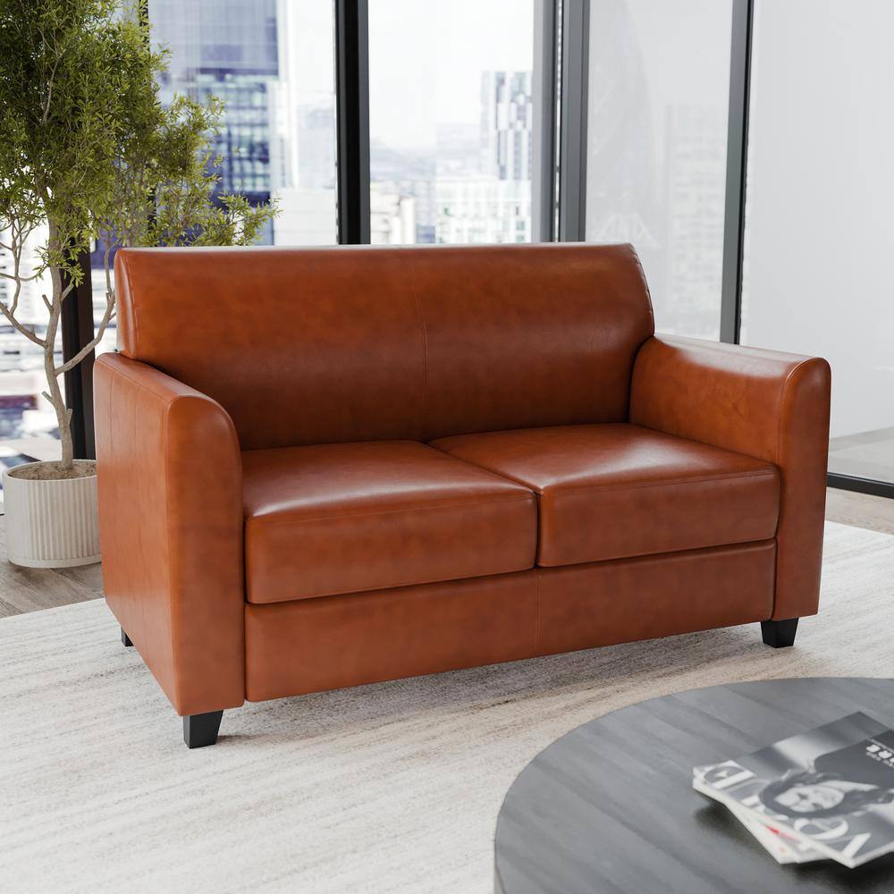 Cognac Faux Leather Flared Arm Reception Loveseat
