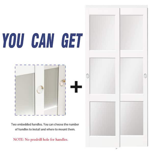 72 in. x 80 in. 3 Lite Mirrored Glass White PVC Covering Solid Core MDF Sliding Door with Embedded Handle and Hardware