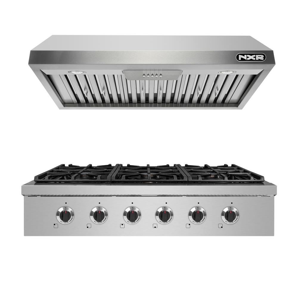 NXR Entree Bundle 36 in. Professional Style Gas Cooktop with 6 Burners and Range Hood in Stainless Steel and Black -  NKT3611EHBD