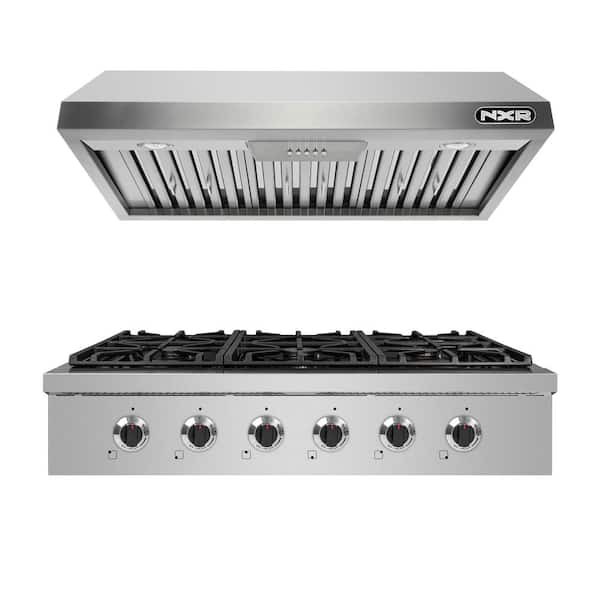 Entree Bundle 36 in. Professional Style Gas Cooktop with 6 Burners and Range Hood in Stainless Steel and Black