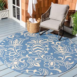 Beach House Blue/Beige 7 ft. x 7 ft. Round Abstract Medallion Indoor/Outdoor Area Rug