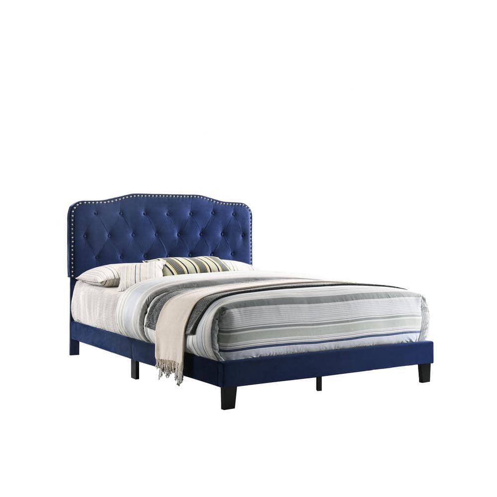 Navy Blue Velvet Queen Bed with Tufted Upholstered Headboard