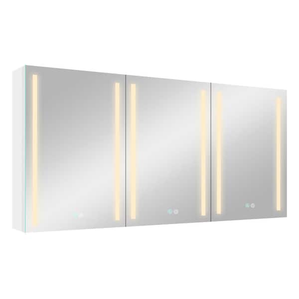 Unbranded 60 in. W x 30 in. H White LED Rectangular Aluminum Medicine Cabinet with Mirror, 2 Right Open and 1 Left Open Cabinet