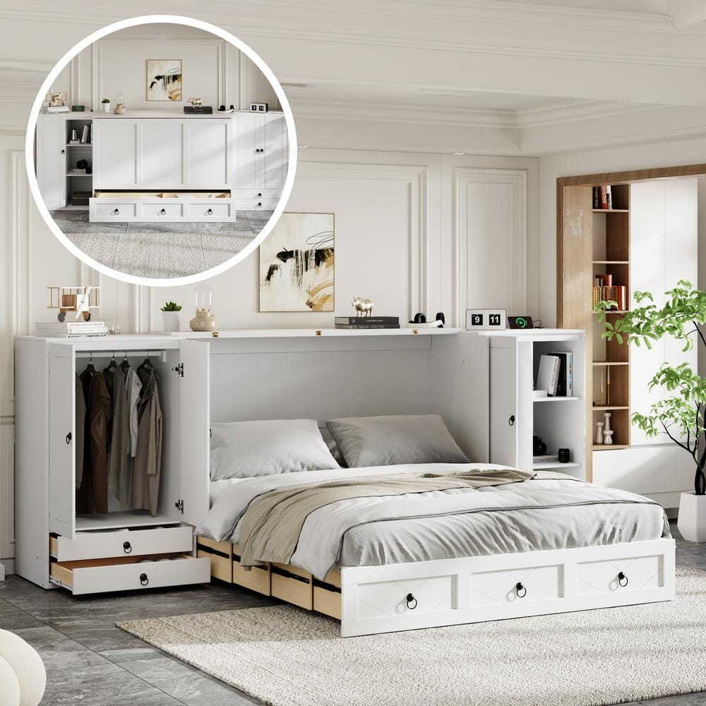 Harper & Bright Designs White Wood Frame Queen Size Murphy Bed with USB Port and Sockets