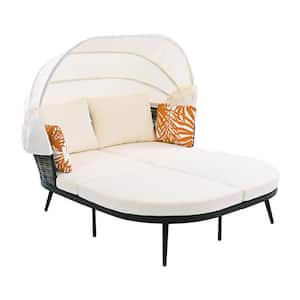 1-Piece Wicker Outdoor Patio Day Bed with Retractable Canopy Loveseat Sofa Set with Throw Pillows, Beige Cushions