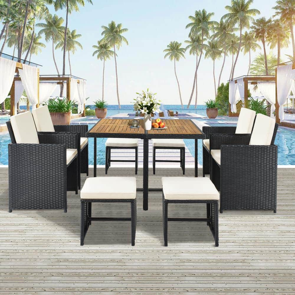 9-Piece PE Wicker Outdoor Patio All-Weather Dining Table Set with Wooden Tabletop Seats 8 Black Rattan Beige Cushions