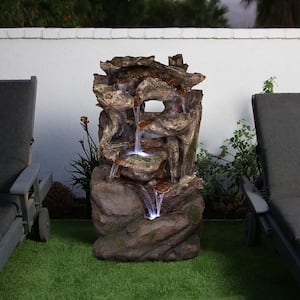 40 in. Tall Outdoor 6-Tier Rainforest Wood and Rock Waterfall Fountain with LED Lights