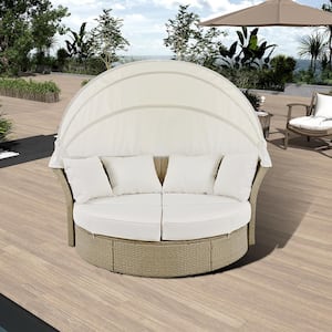 Wicker Outdoor Round Sofa Day Bed with Retractable Canopy, 4 Pillows and Gray Cushions
