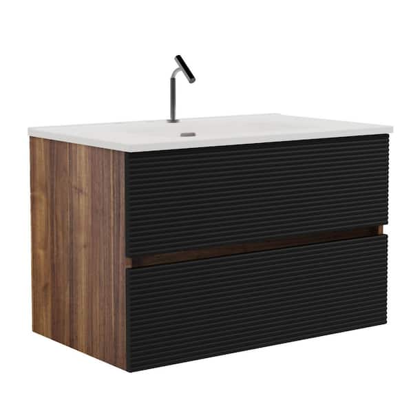 30 in. Single Sink Floating Black and Walnut Bath Vanity with White Ceramic Top, Assembled