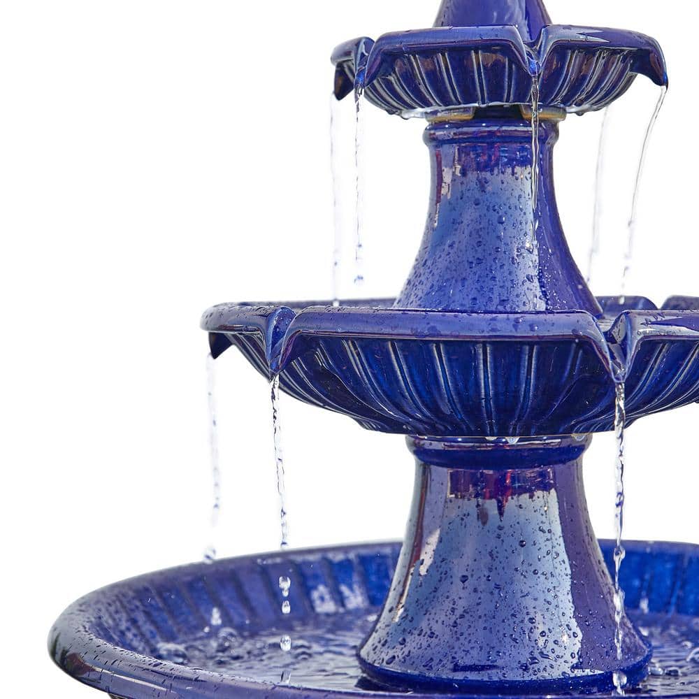 45.25" Cobalt Blue Ceramic 3-Tier Outdoor Fountain with LED Light