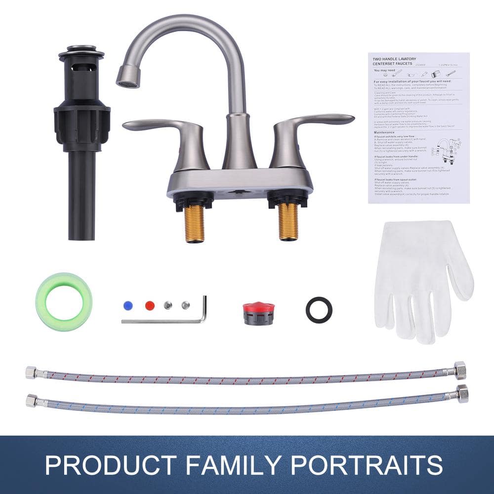 Brushed Nickel 4-Inch Centerset Double Handle High Arc Bathroom Faucet