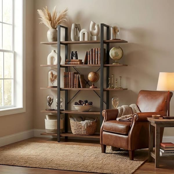 72 in. 5-Tier Brown Open Bookcase with Sturdy Metal Frame, Industrial Storage Display Shelves for Living Room, Study
