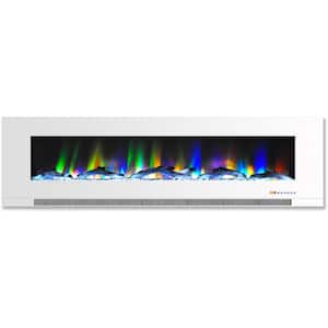 60 in. Wall-Mount Electric Fireplace in White with Multi-Color Flames and Driftwood Log Display
