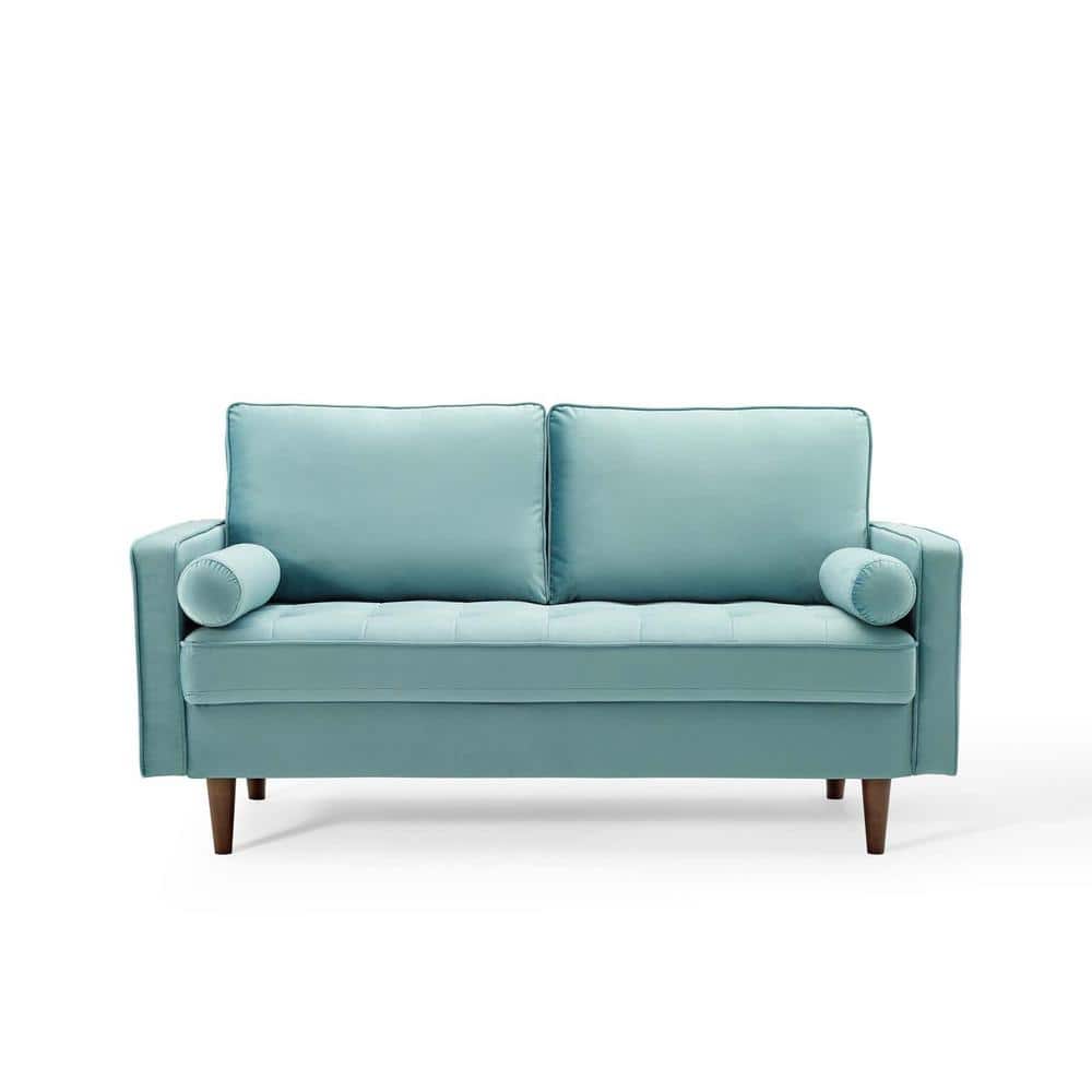 Mint Green Velvet Tufted Loveseat with Walnut Wood Legs