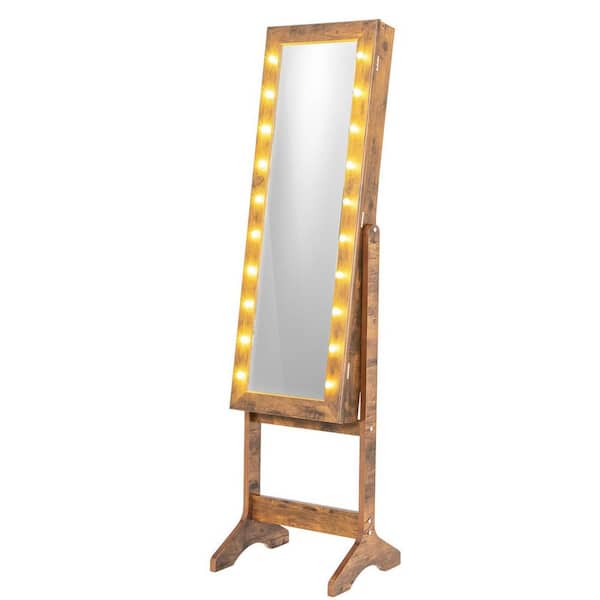 16 in. x 61.5 in. Rustic Brown Freestanding Lockable MDF Jewelry Armoire Organizer with Mirror and Lights