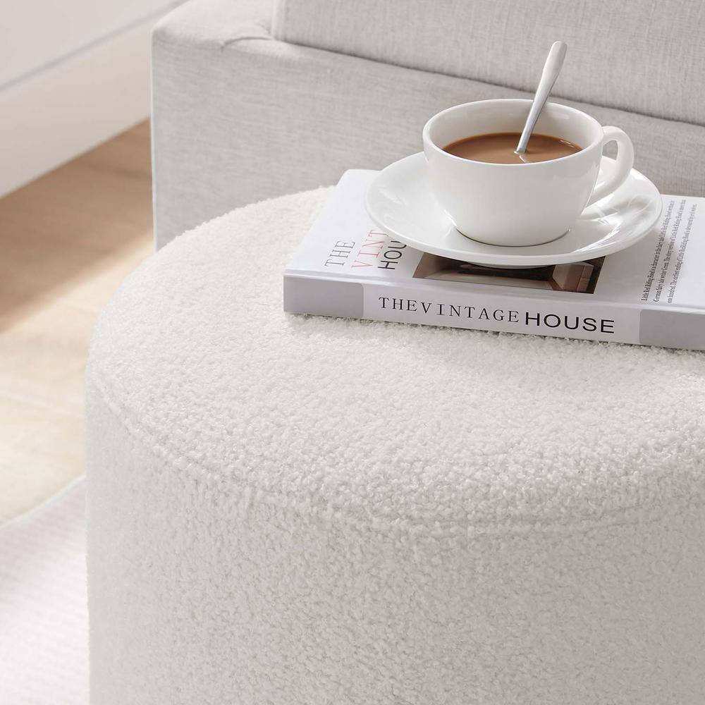 Ivory Sherpa Upholstered Round Ottoman with Rubberwood Base