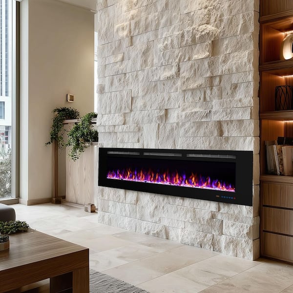 Delandgrand 60 in. Wi-Fi Recessed and Wall Mounted Electric Fireplace Insert with Multicolor Flame and 5 Dimmer, Thermostat, Timer