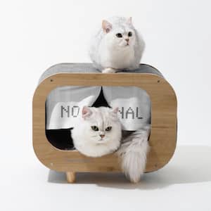 Wooden TV-Shaped Cat Bed, Cat House with Cushion, Grey