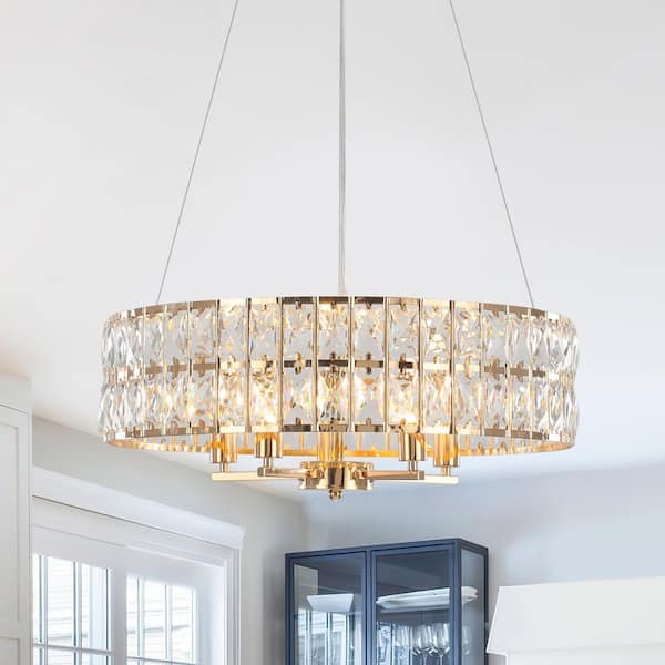 5 Light Gold Dimmable Modern Crystal Drum Shade Chandelier for Dining Room with No Bulbs Included