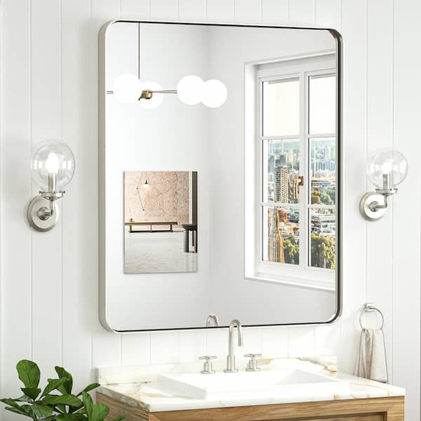 KeonJinn 30 in. W x 36 in. H Modern Rectangular Silver Gray Aluminum Framed Wall Bathroom Vanity Mirror