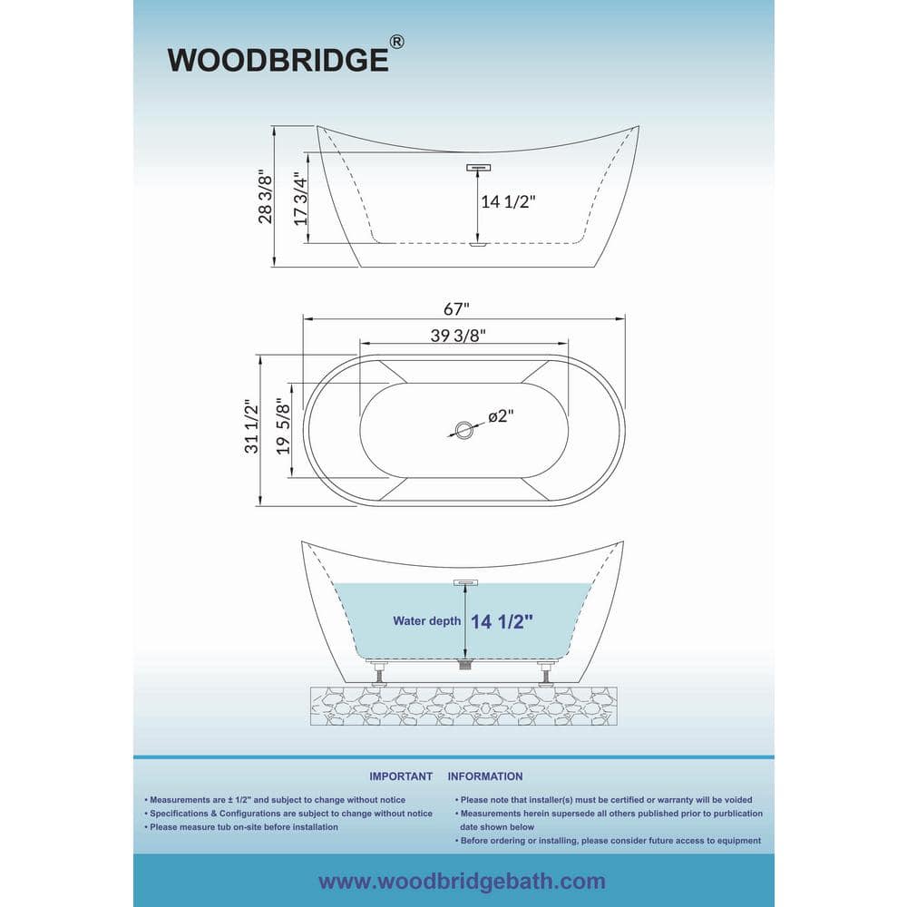 67-Inch White Acrylic Double Slipper Freestanding Bathtub