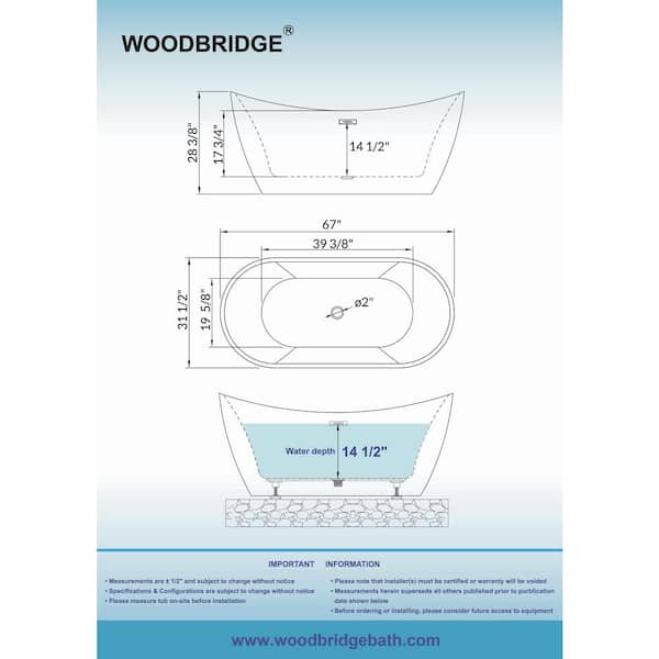 Sueno 67 in. x 31.5 in. Acrylic Flatbottom Soaking Bathtub with Center Drain in White/Matte Black
