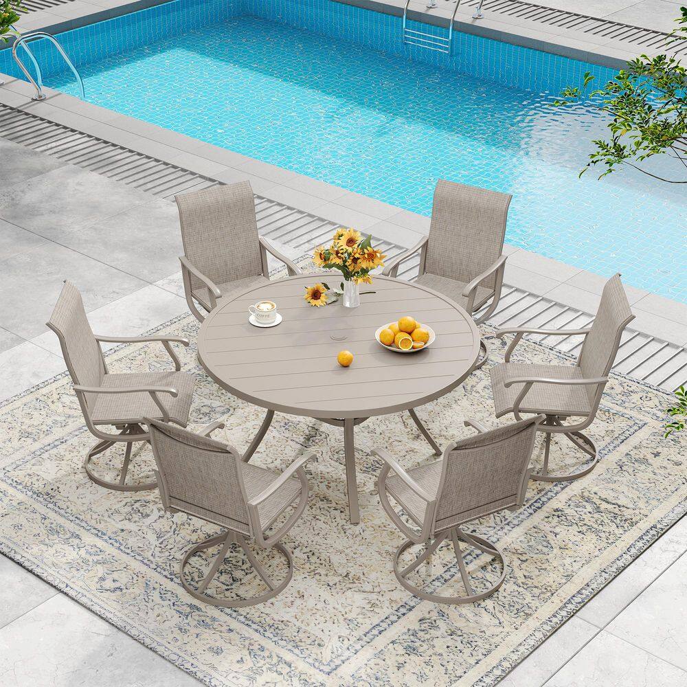 All Weather 7-Piece Metal Outdoor Dining Set with 47.2 in. Sandshell Round Table and 6 Sandshell Swivel Dining Chairs price history on PriceWatchPro