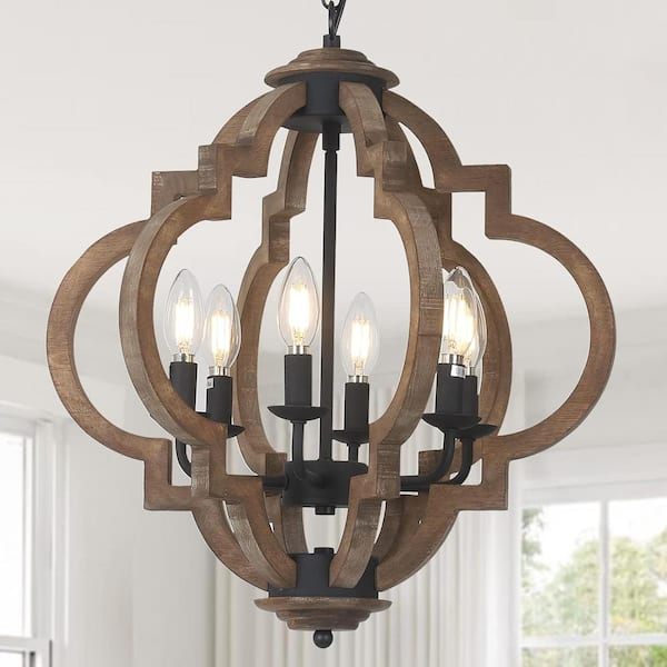 19 in. 6-Light Solid Wood Farmhouse Brown Pendant Light Chandelier with No Bulbs Included