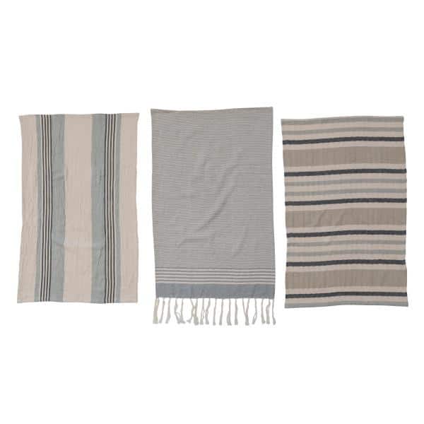 Striped Cotton Tea Towels with Fringe, Set of 3