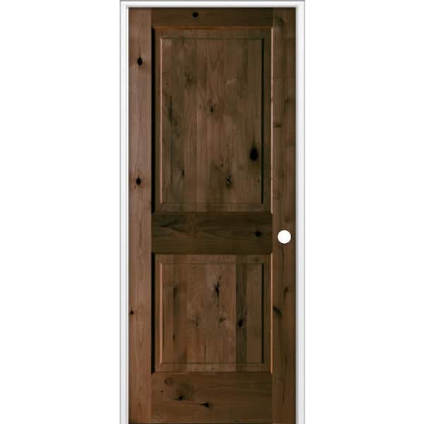 32 in. x 80 in. Rustic Knotty Alder 2-Panel Square Top Left-Hand Single BEHR Espresso Stain Wood Prehung Interior Door