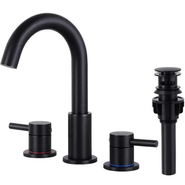 AKLFGN 8 in. Widespread 2-Handle High Arc Bathroom Faucet with Pop-up Drain and 360° Swivel Spout in Matte Black