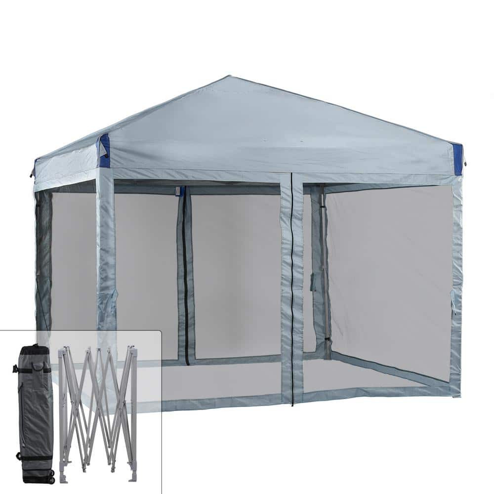 Gray 12 Ft Iron Pop-Up Canopy with Mesh Sidewalls and Roller Bag
