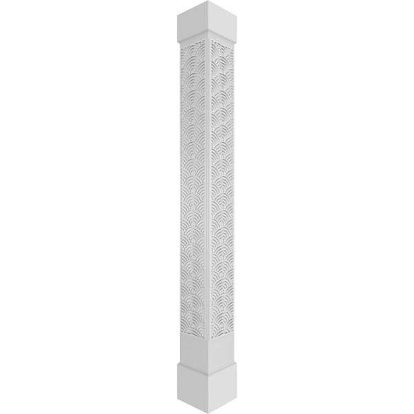Ekena Millwork 7-5/8 in. x 9 ft. Premium Square Non-Tapered Art Deco Fretwork PVC Column Wrap Kit w/Standard Capital and Base