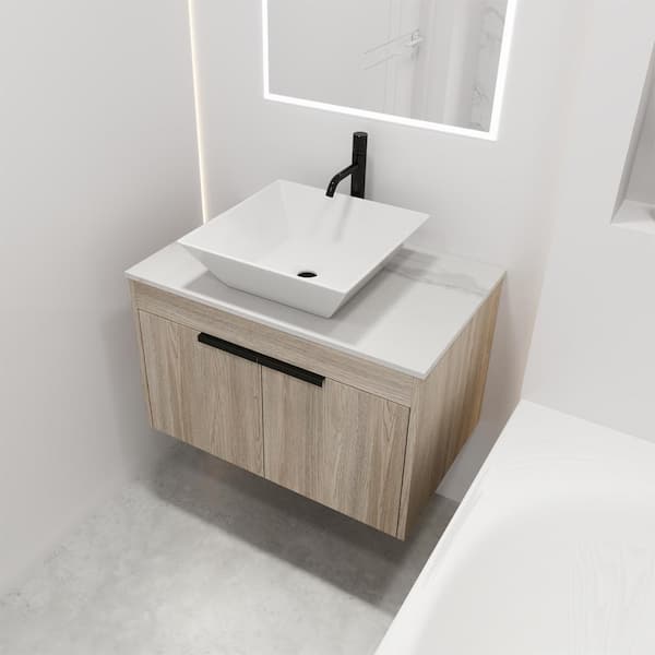PETIT 29.5 in. W x 18.9 in. D x 23.3 in. H Single Sink Floating Bath Vanity in Oak with White Stone Top and Ceramic Sink