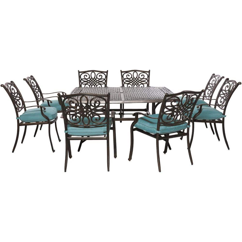 Hanover Traditions 9-Piece Blue Cushion Aluminum Outdoor Dining Set