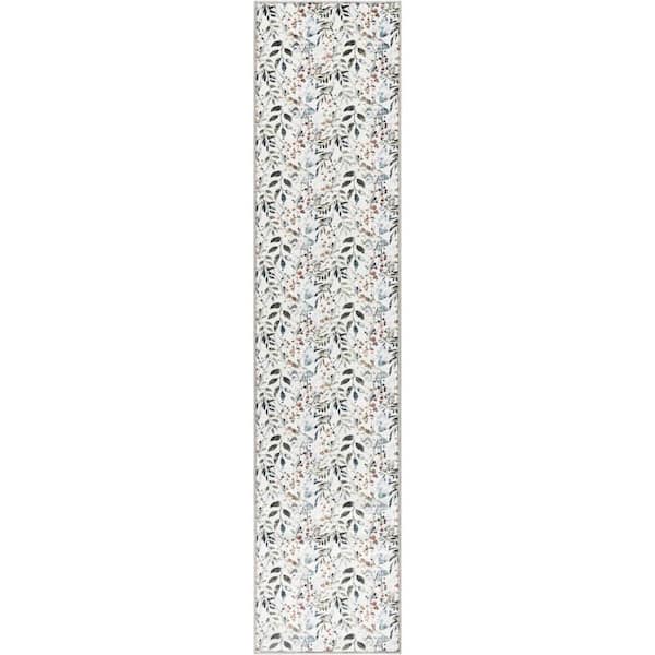 Washables Ivory Multicolor 2 ft. x 8 ft. Botanical Traditional Runner Area Rug