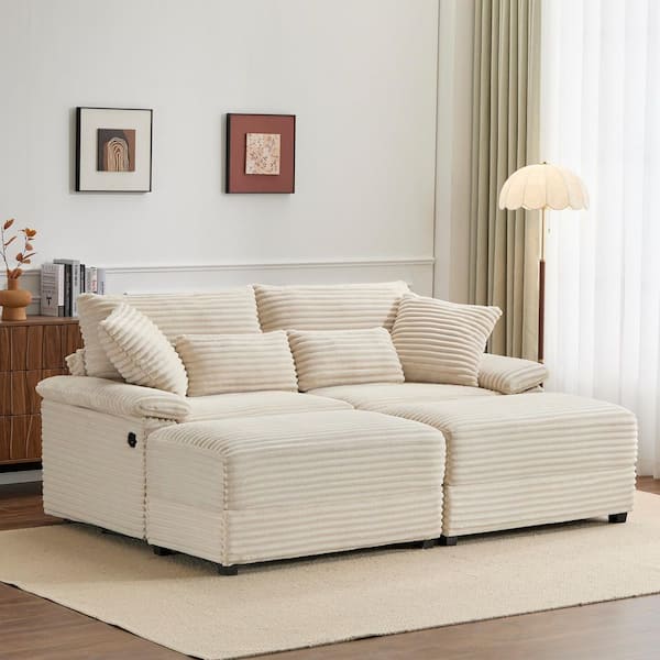 Trix Beige Corduroy Upholstered Double Chaise Lounge with Storage Ottomans, USB Port