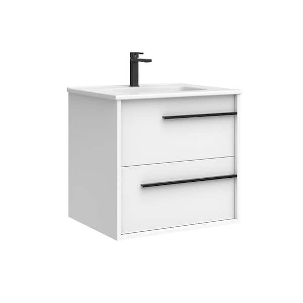 Lotus 24.0 in. W Single Basin Wall Mounted Bath Vanity in Glossy White with Ceramic White Top
