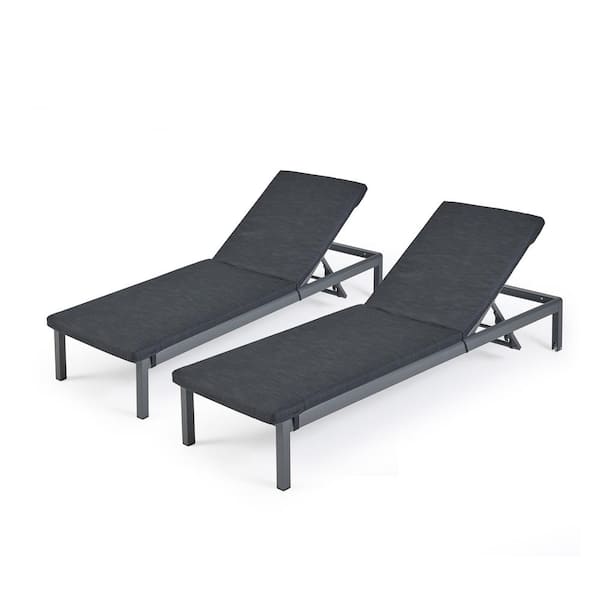 Noble House Cape Coral Dark Grey 2-Piece Aluminum Outdoor Patio Chaise Lounge with Dark Grey Cushions