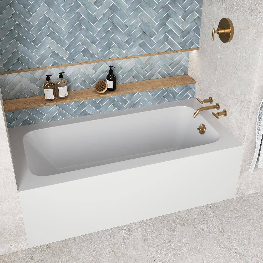 Glossy White Acrylic Alcove Bathtub with Brushed Gold Drain