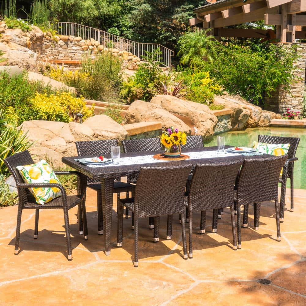 Bermuda 29 in. Multi-Brown 9-Piece Metal Rectangular Outdoor Dining Set