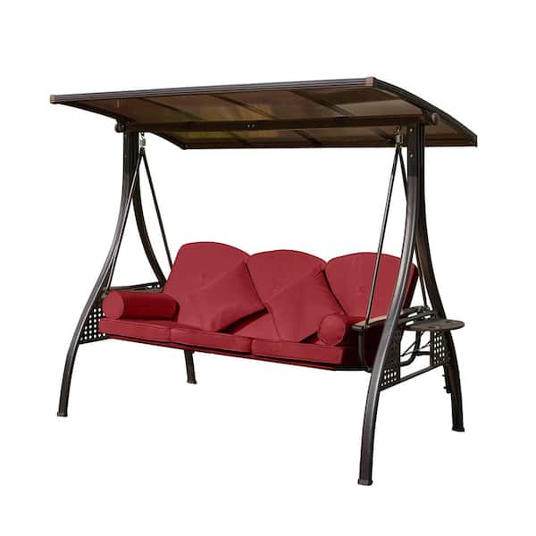EPIPHANY DOUBLED INC 80.5 in. W 3-Person Metal Outdoor Patio Swing with Red Cushions, Canopy and Stand