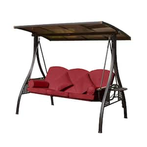 80.5 in. W 3-Person Metal Outdoor Patio Swing with Red Cushions, Canopy and Stand