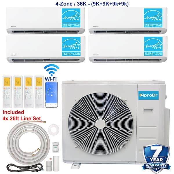 4-ZoneEnergy Star Wi-Fi 36,000 BTU 230V 21 SEER2 Mini Split AC with Heat Pump 9K-9K-9K-9K BTU Heads 25 ft. Lineset x 4